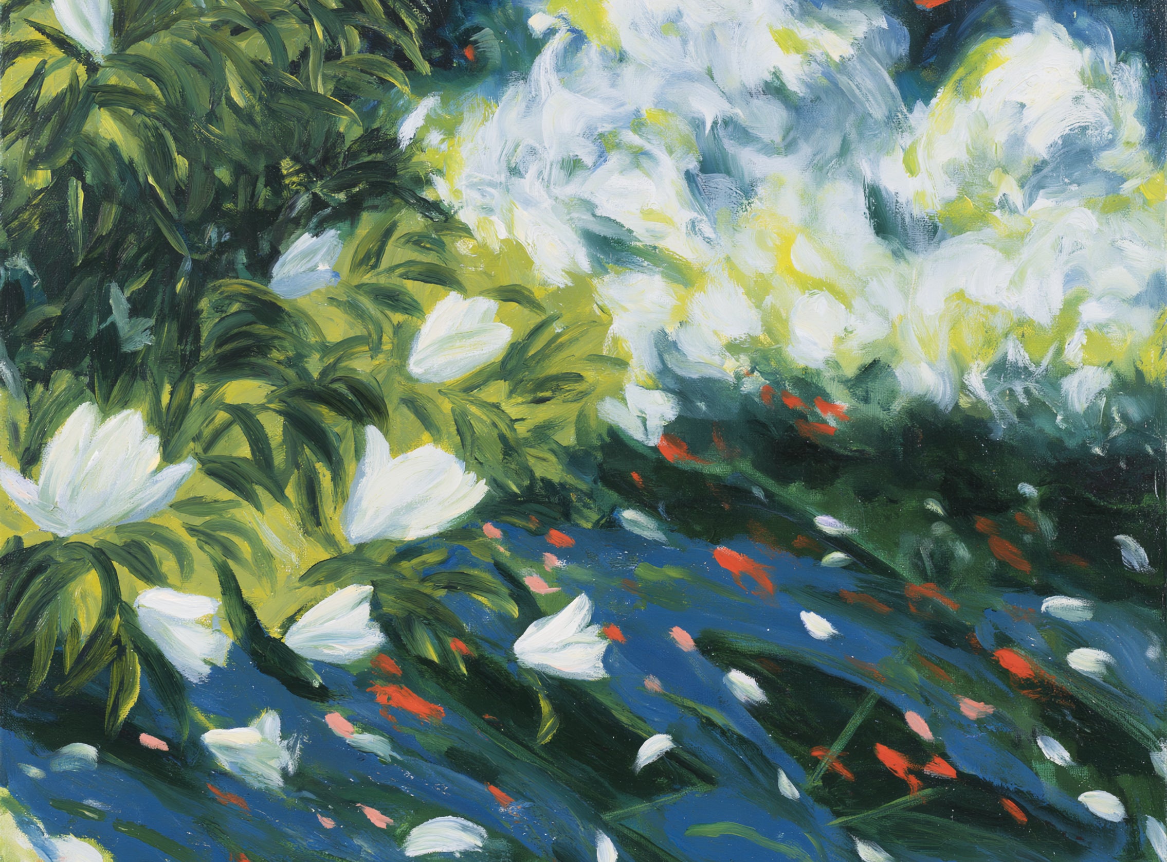 White petals on blue water