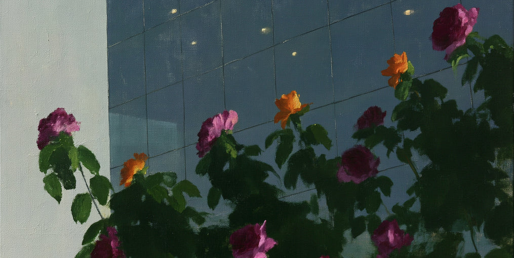 Flowers against the glass tower