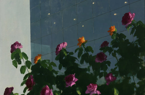 Flowers against the glass tower