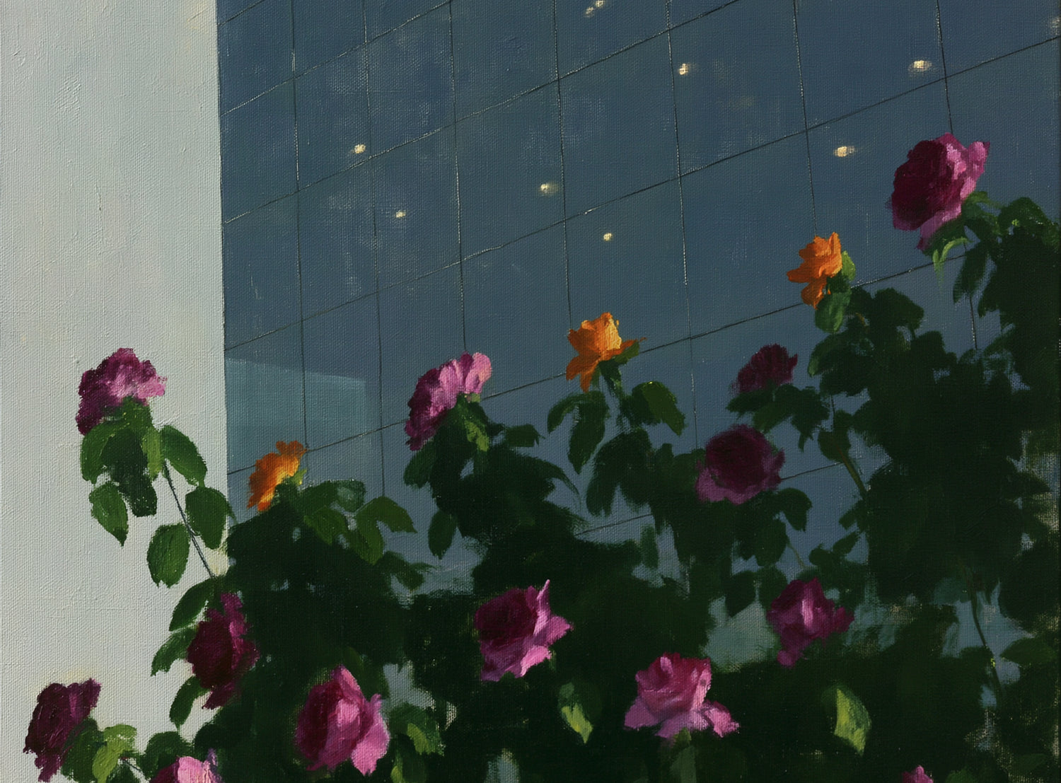 Flowers against the glass tower