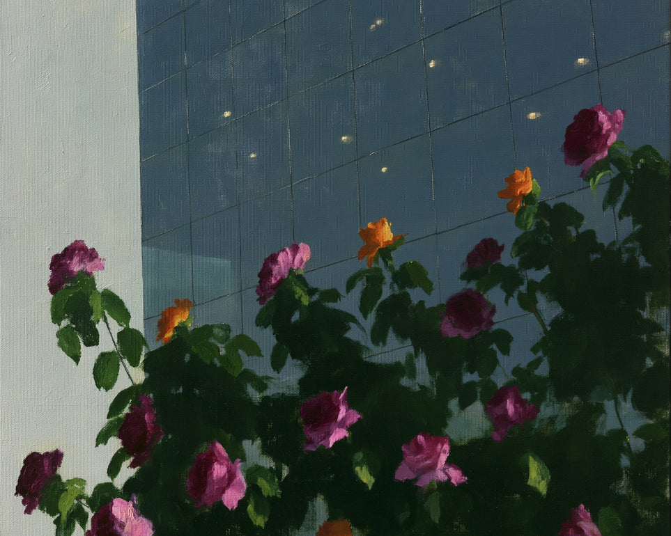 Flowers against the glass tower