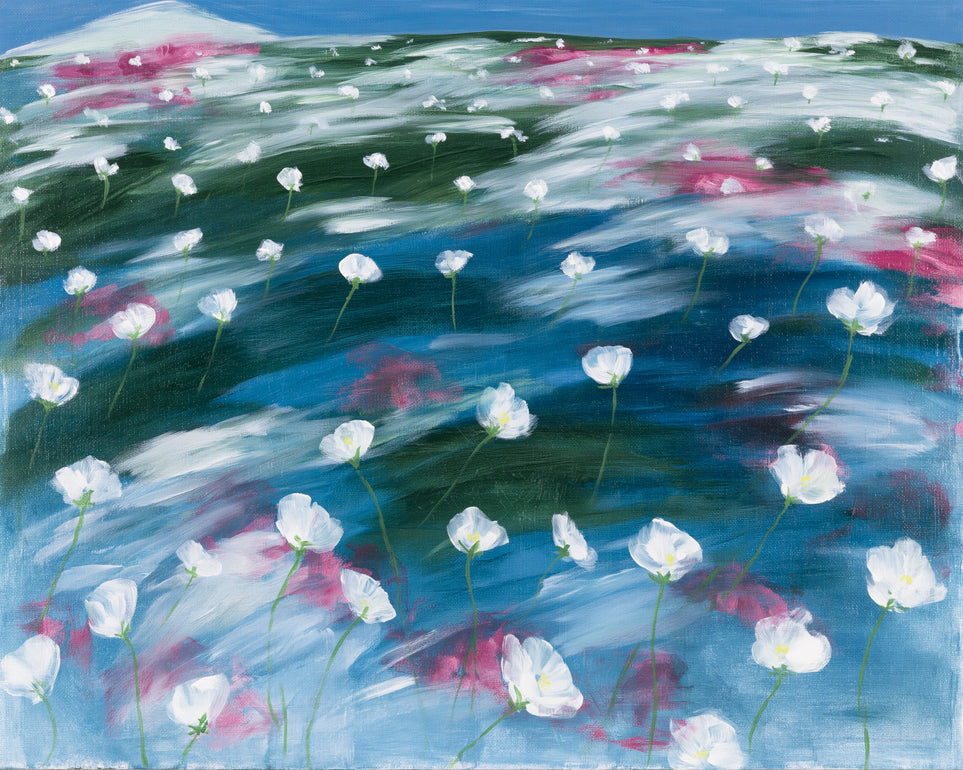White flowers in windblown hills
