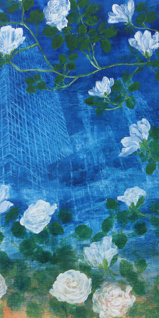 White blossoms on cobalt blue