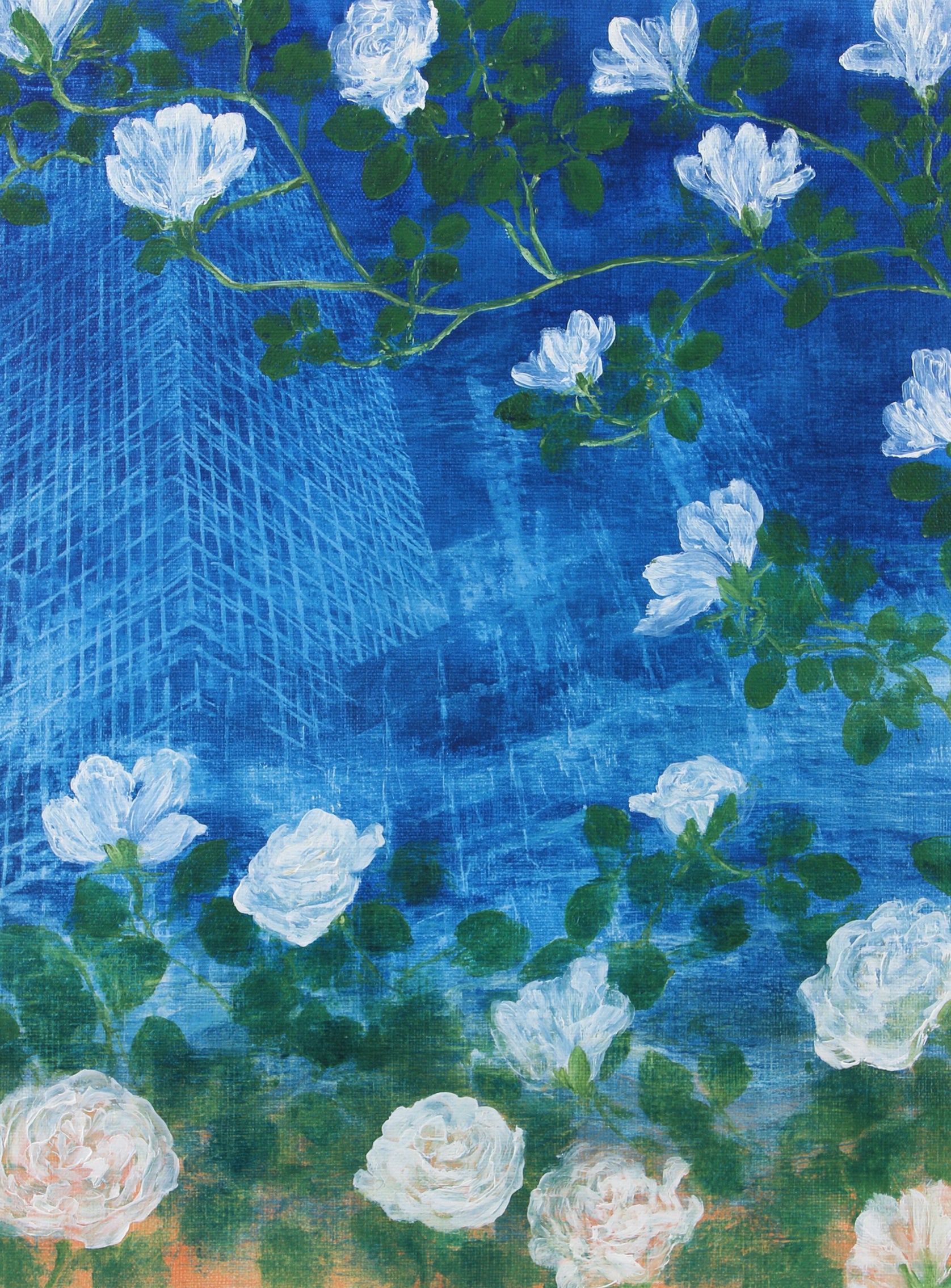 White blossoms on cobalt blue