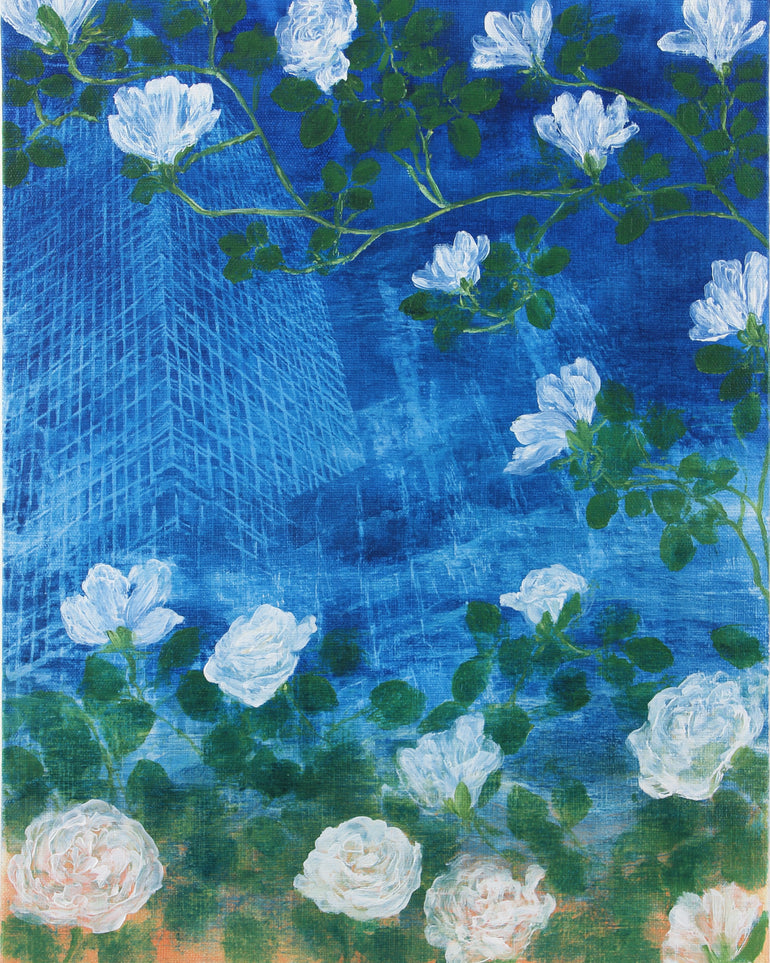 White blossoms on cobalt blue