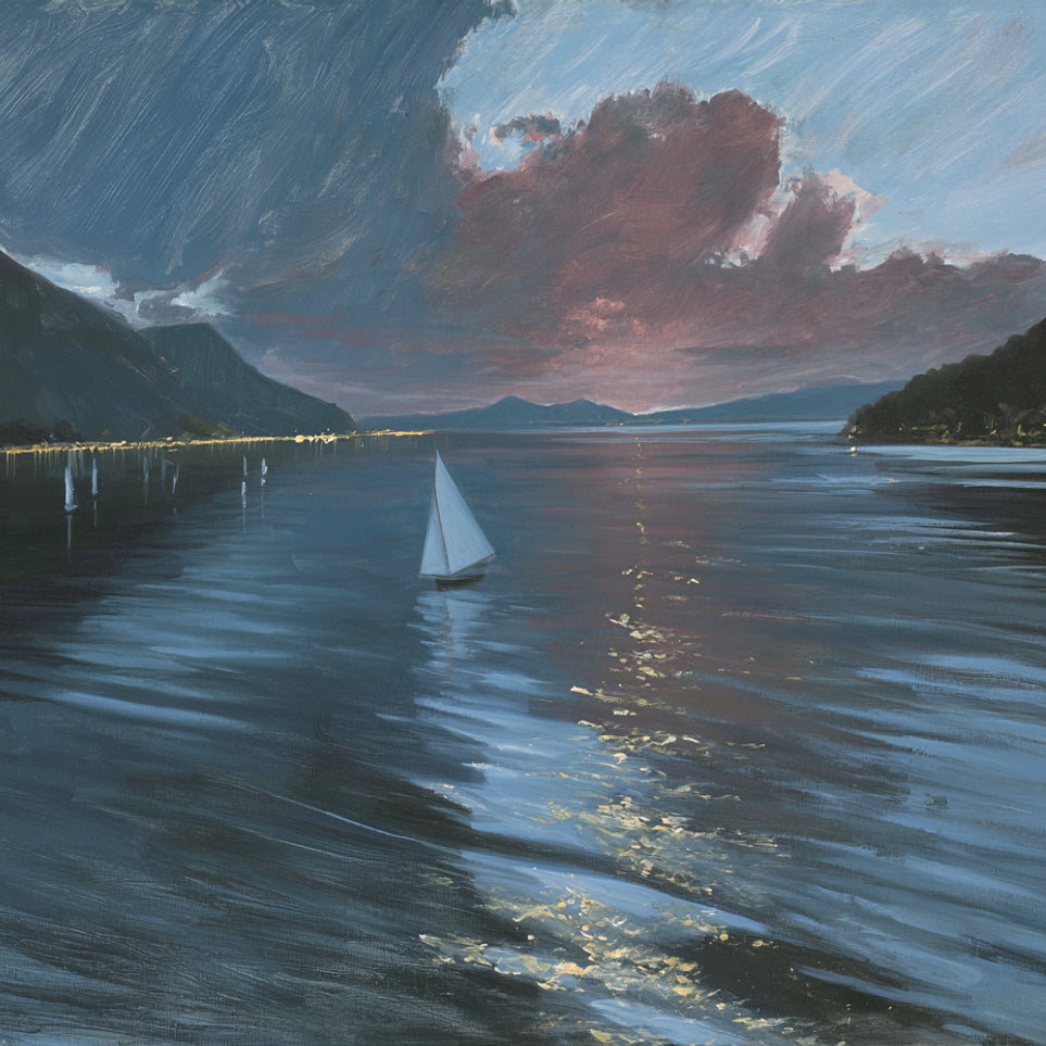 A sailboat beneath storm clouds