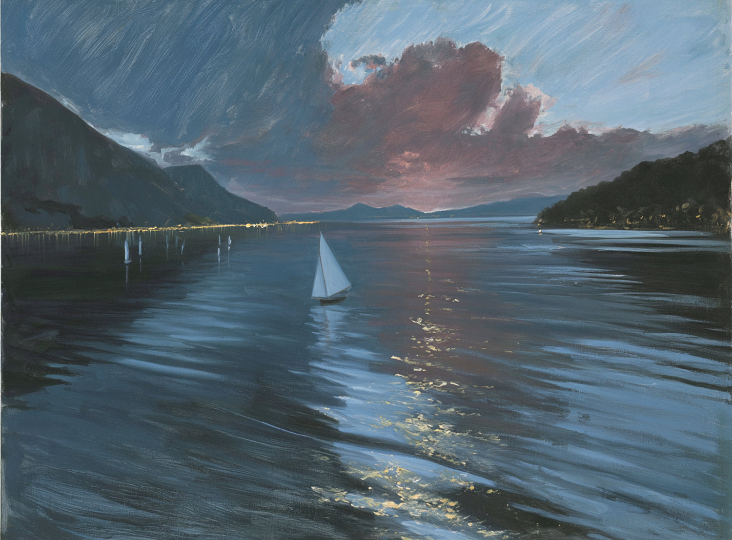 A sailboat beneath storm clouds