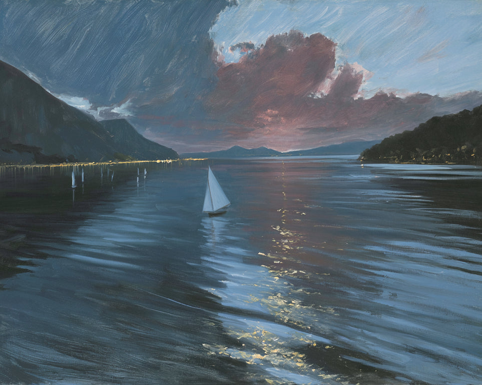 A sailboat beneath storm clouds