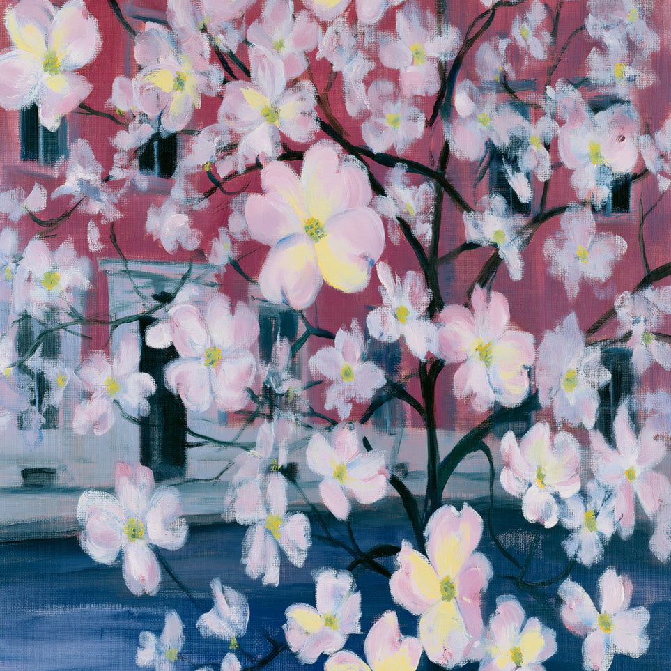 Blossoms across red windows
