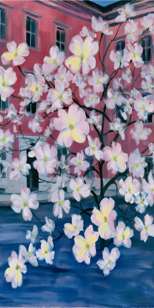 Blossoms across red windows