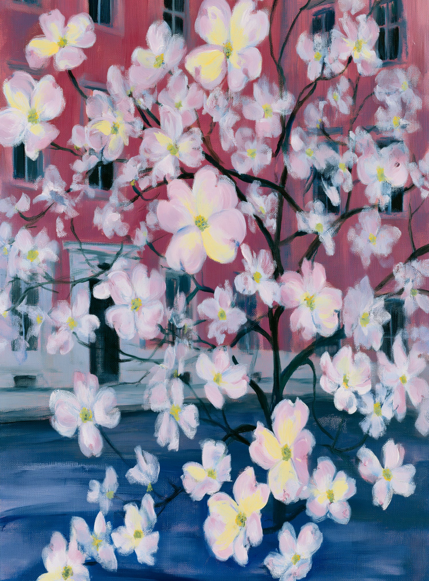 Blossoms across red windows