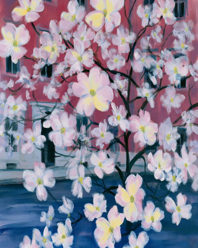 Blossoms across red windows