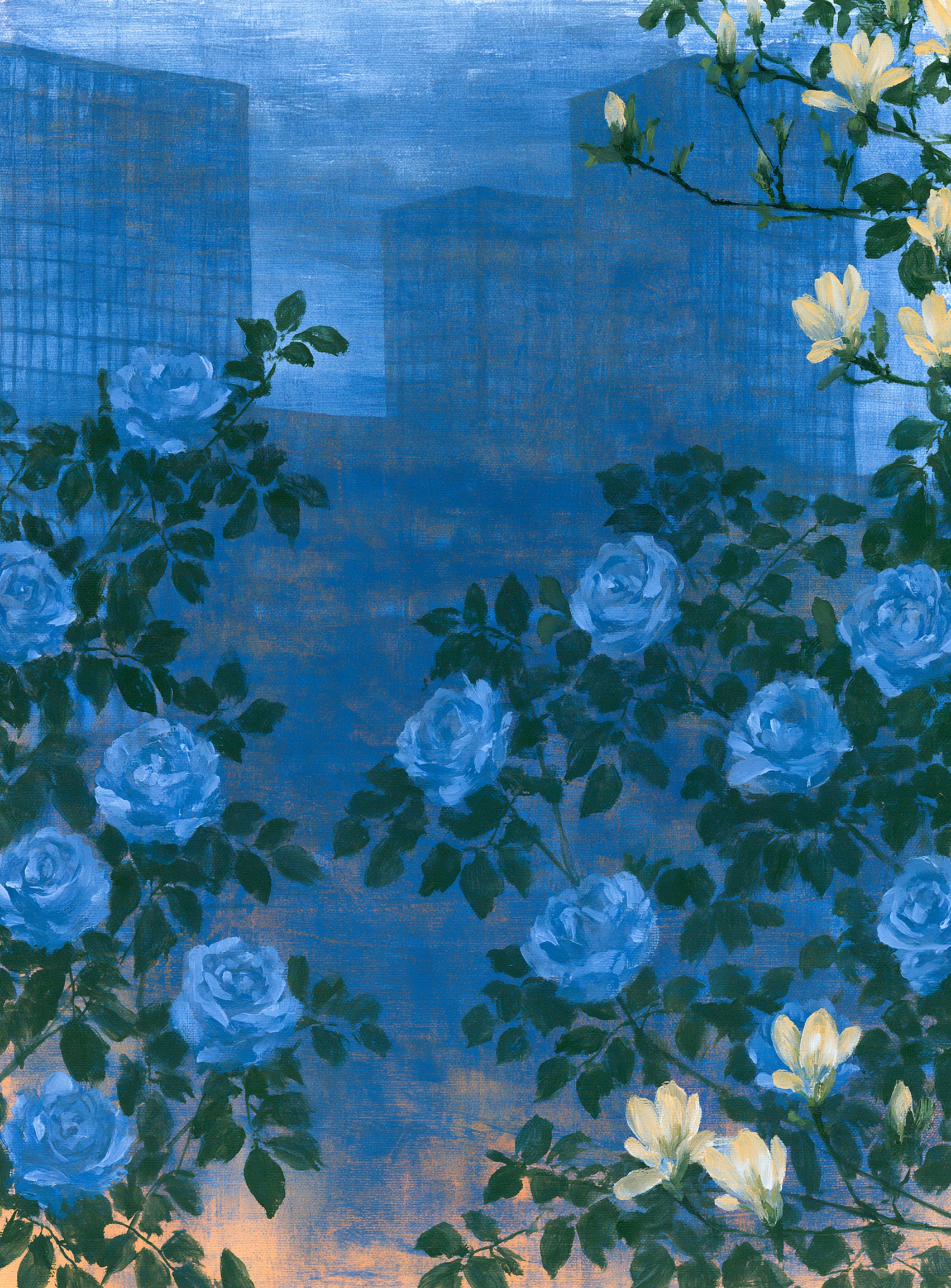 Roses against the blue towers