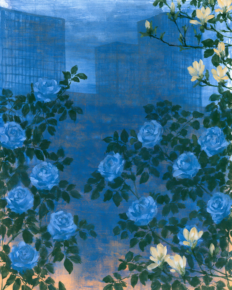 Roses against the blue towers