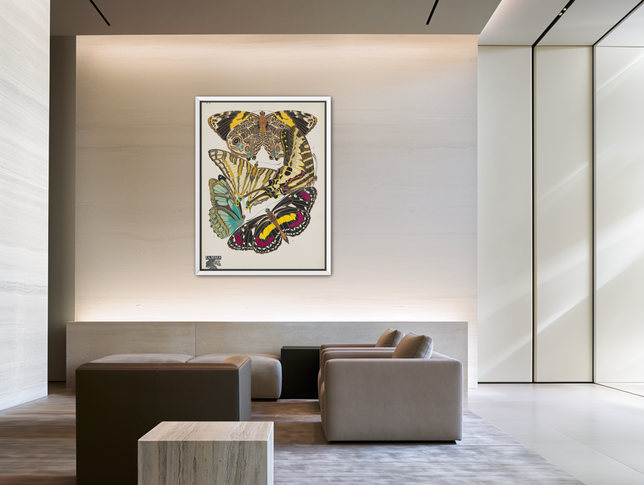 Butterflies among blank paper room view