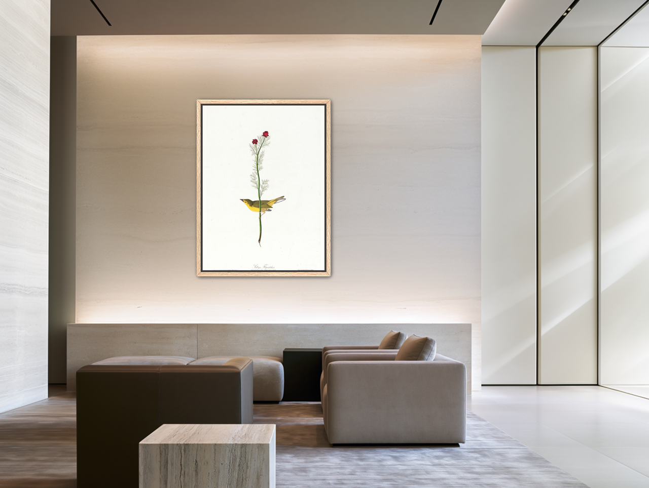 A yellow bird beneath red blooms room view