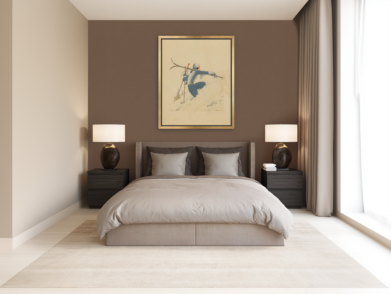 Blue skier in pale snow room view