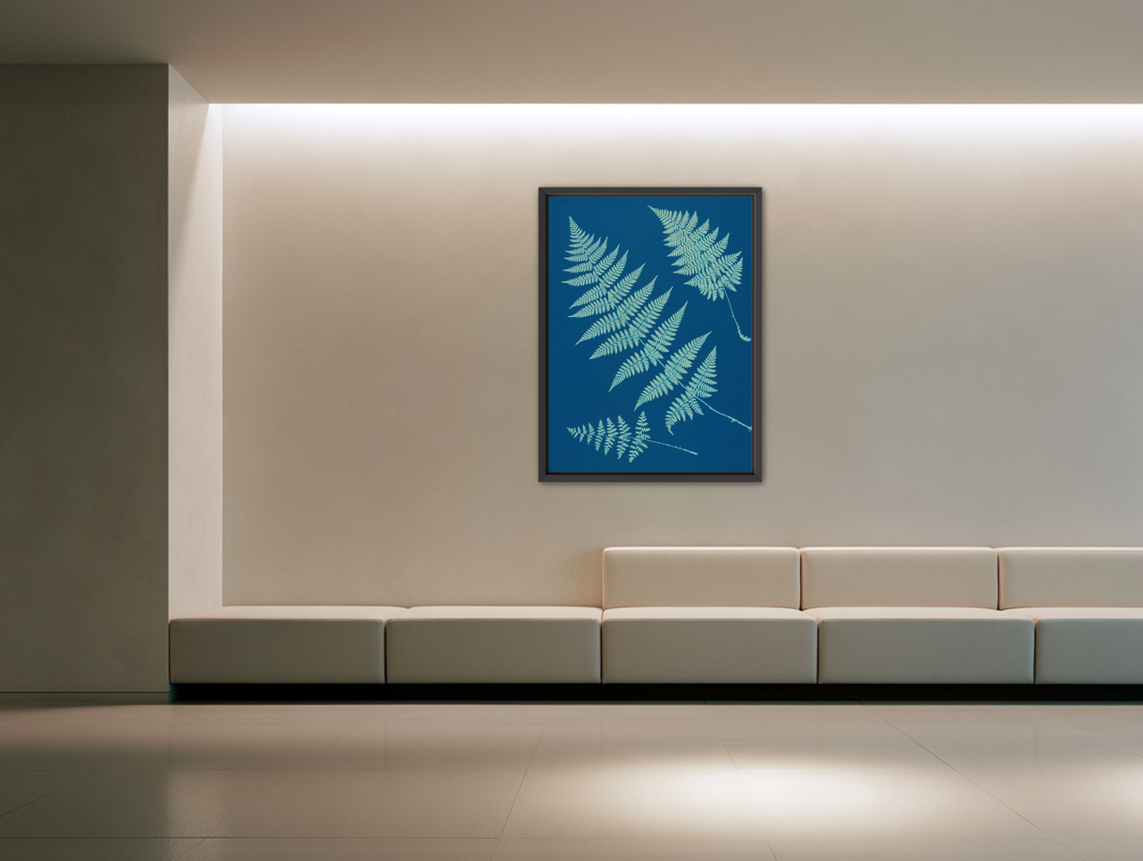 Pale ferns in deep blue room view