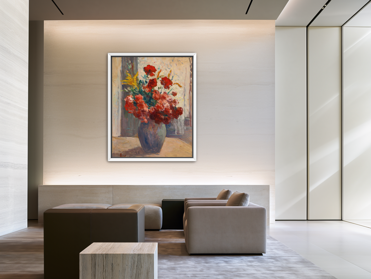 Flowers within a tall vase room view