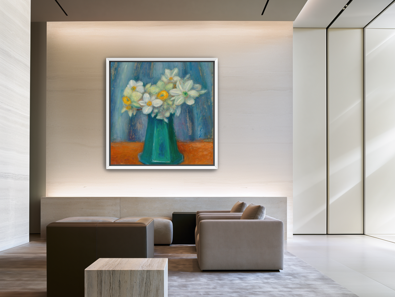 Daisies in green glass room view