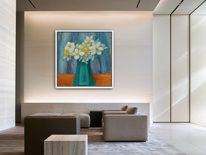 Daisies in green glass room view