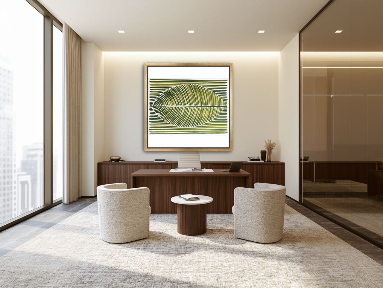 Palm frond in green bands room view