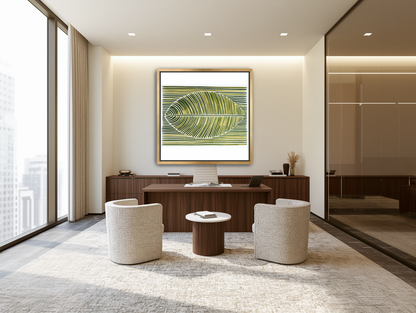 Palm frond in green bands room view
