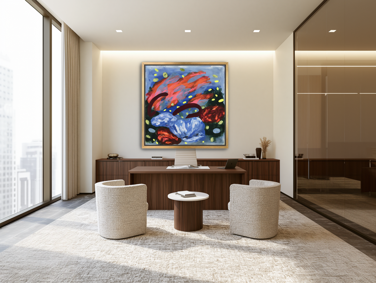 Layered brushstrokes with yellow ovals room view