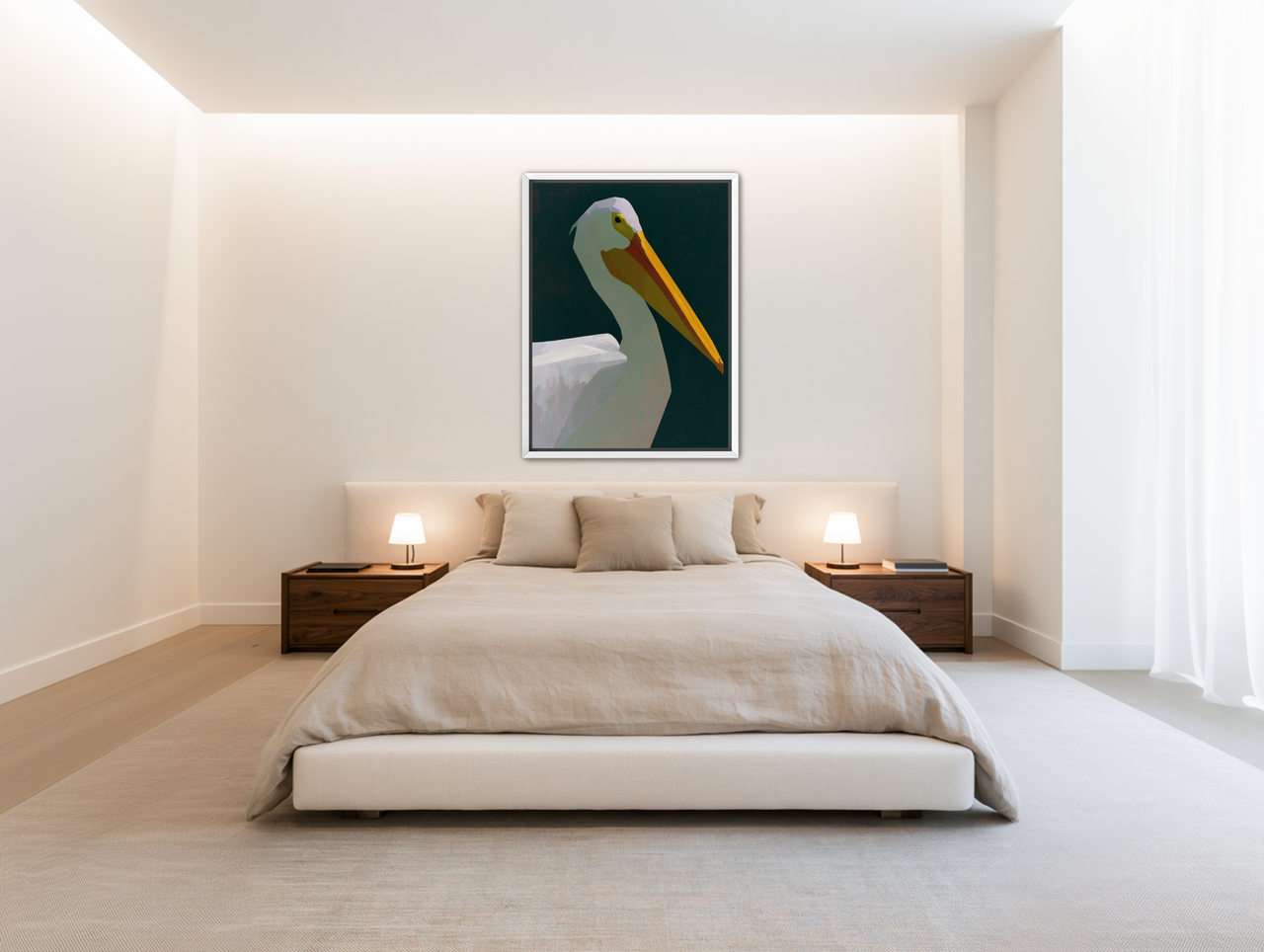 White pelican in deep green room view