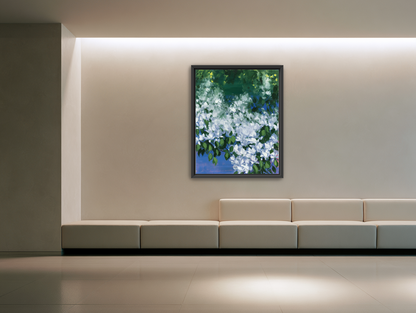 White blossoms over blue shade room view