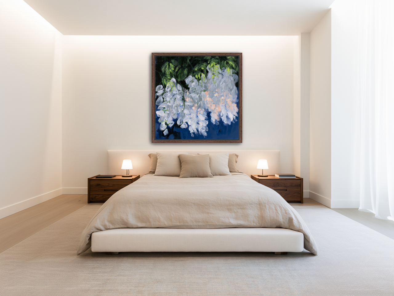 White blooms in blue shade room view