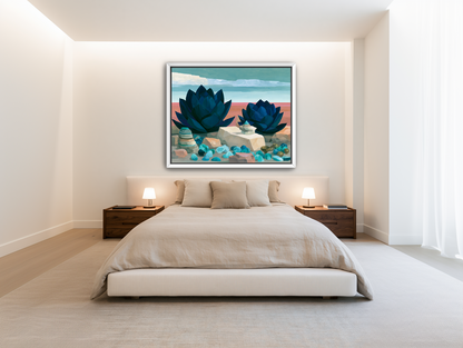 Deep blue blooms on coral ground room view