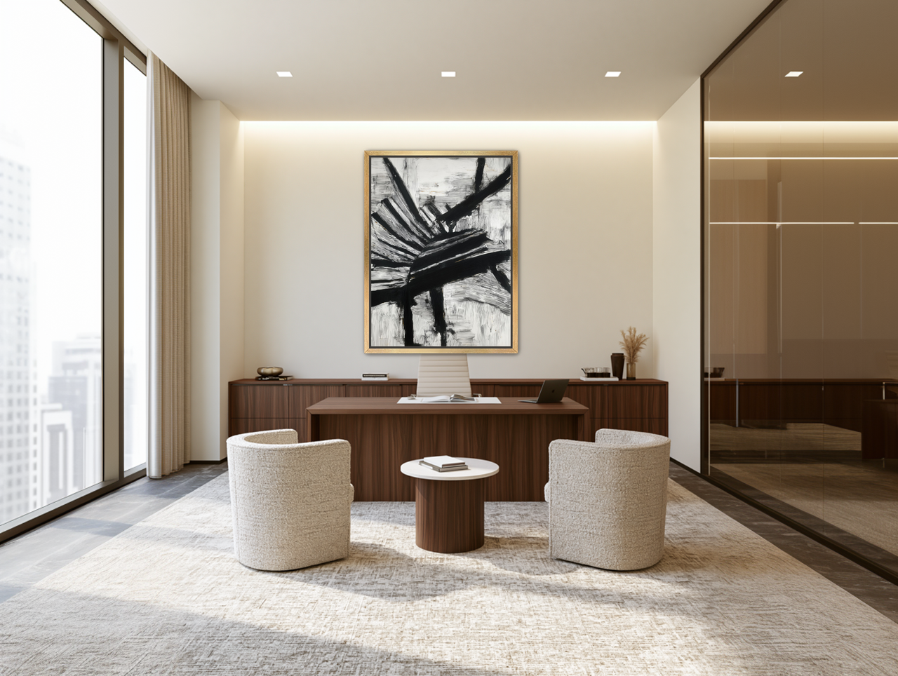Non-Representational: Thick black brushstrokes cross and stack over a white surface filled with fine scratched lines. room view