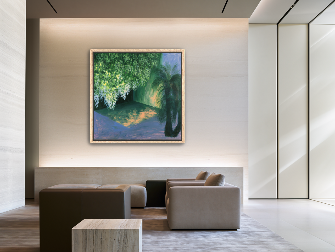 Yellow light on green pond room view