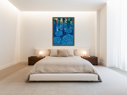 Neon spills into blue floodwater room view