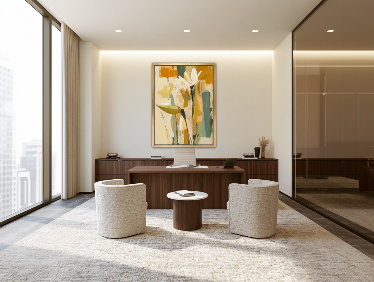 White flower in ochre blocks room view
