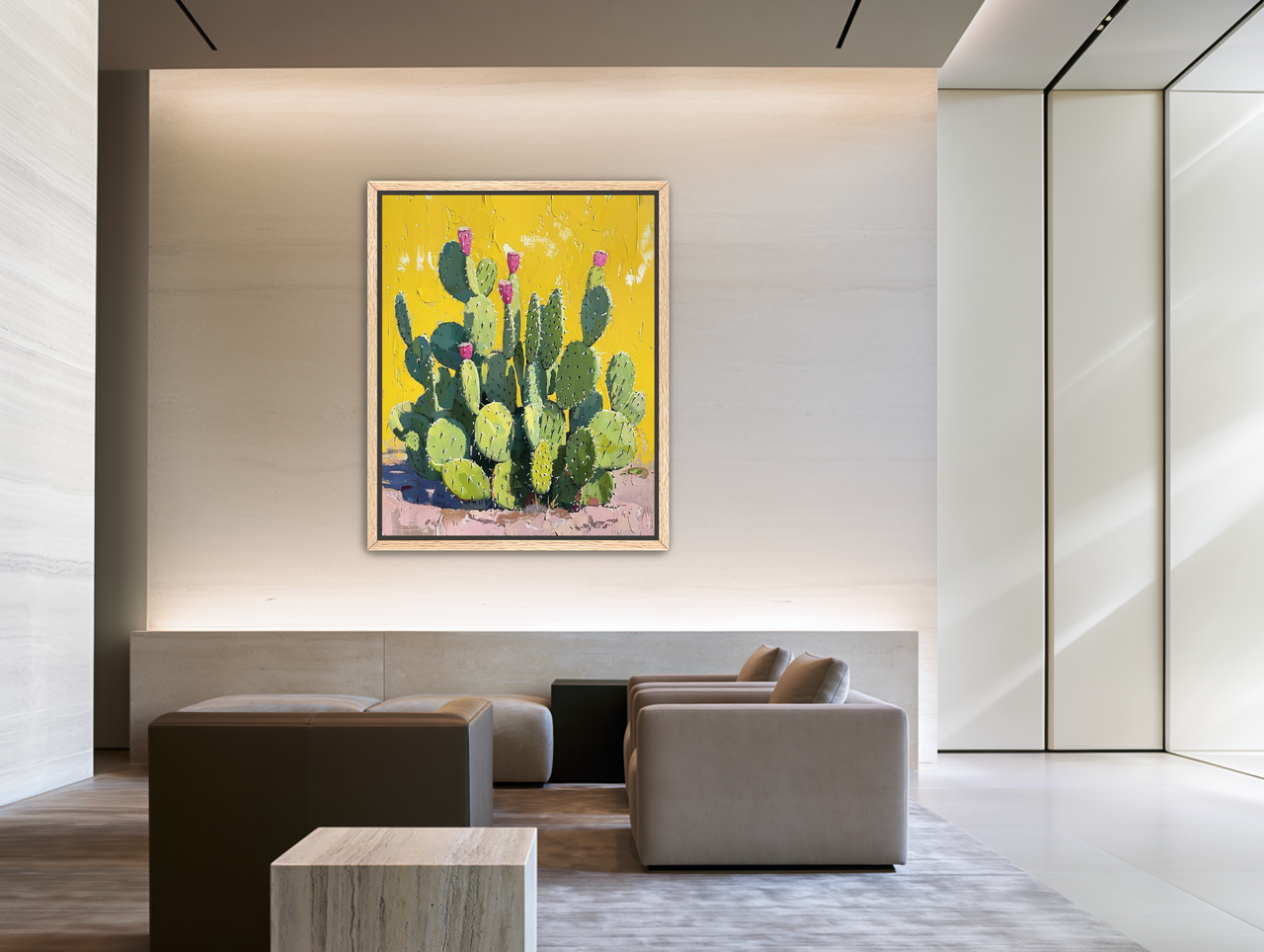 Pink blooms in yellow heat room view
