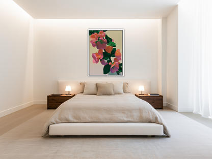 Flowers among dark leaves room view