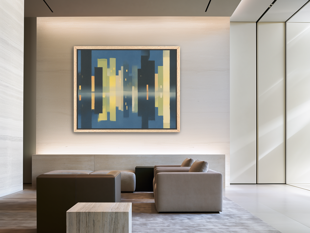 Night towers in still water room view