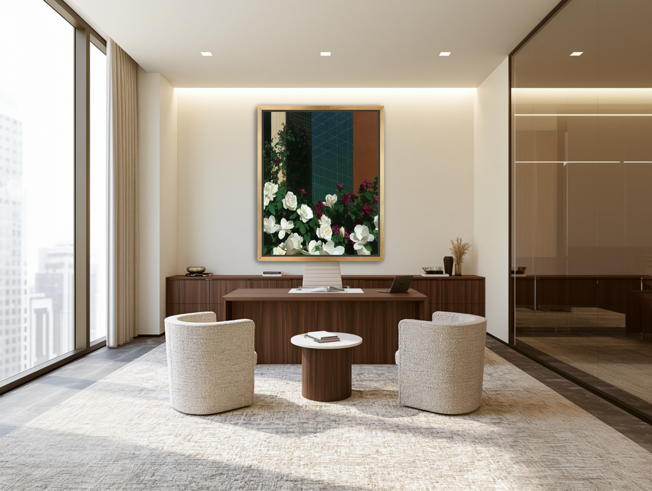 Roses against the blue grid room view