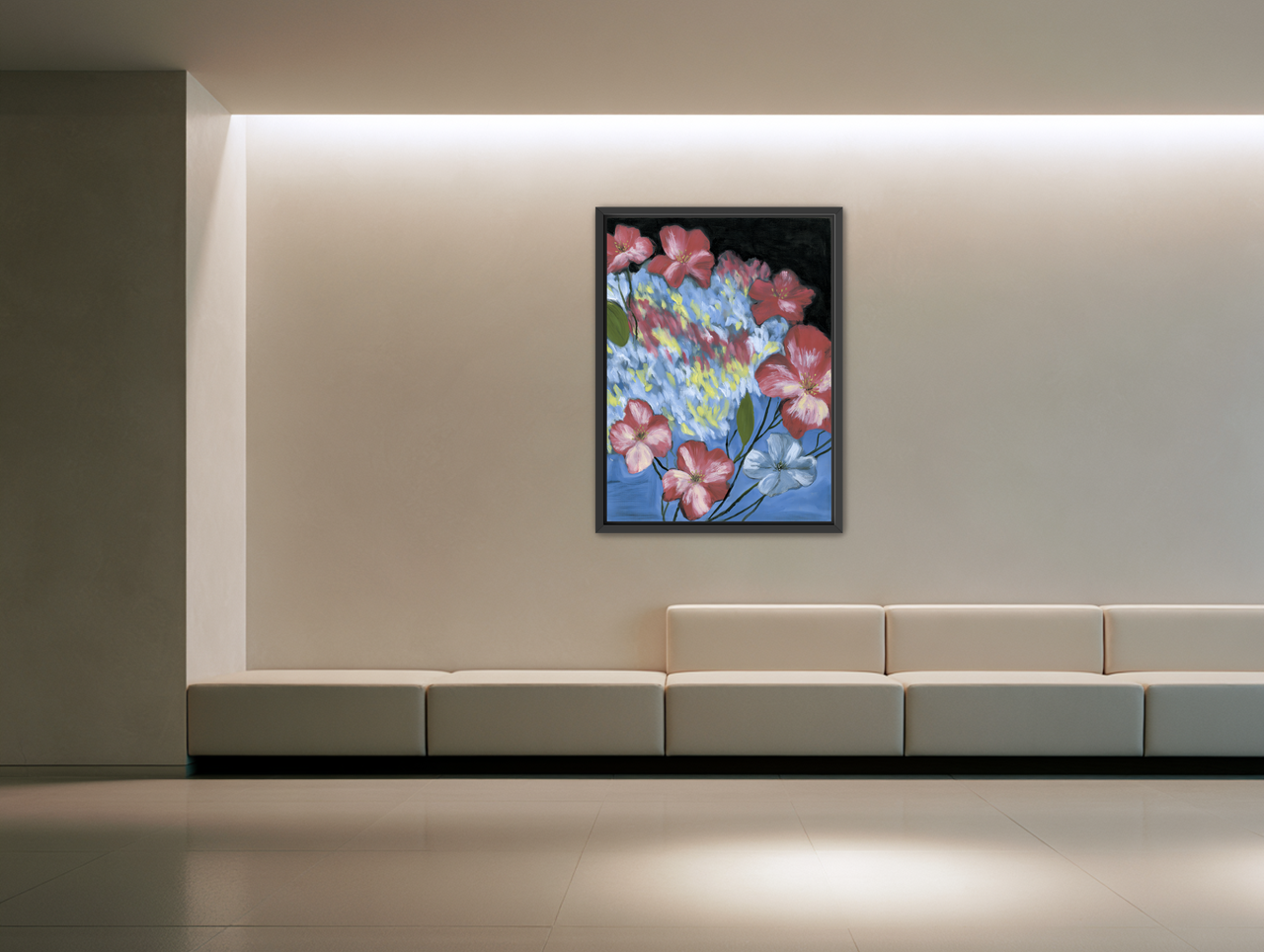 Flowers across the blue field room view