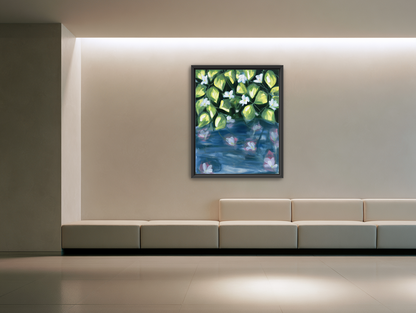 White flowers over blue water room view