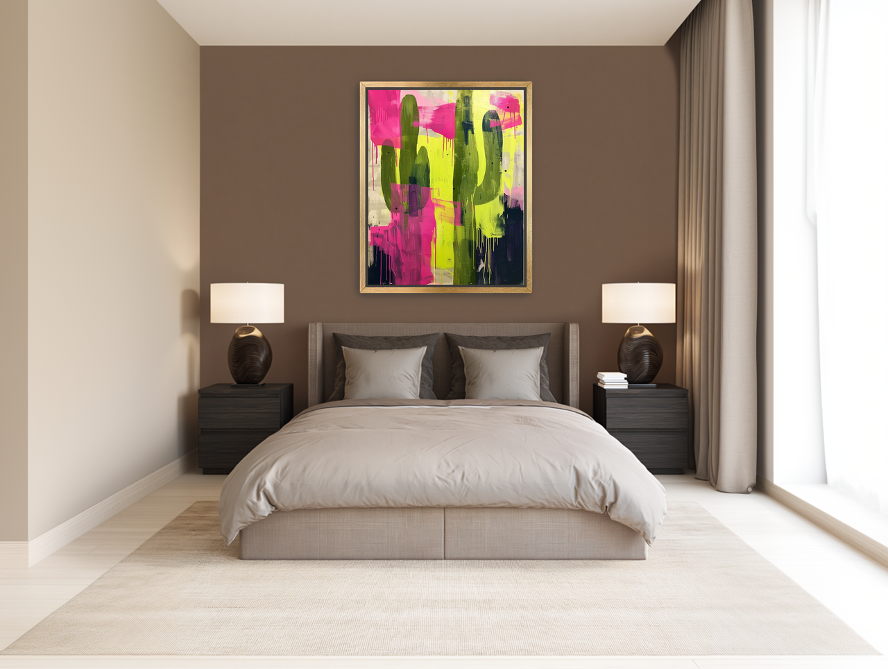 Dark columns within neon wash room view