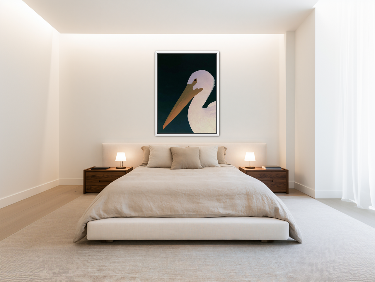 White pelican in stillness room view