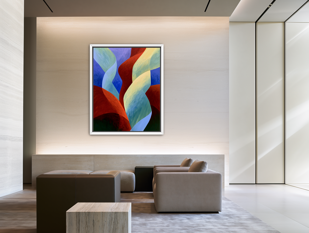 Red slips through cool blues room view