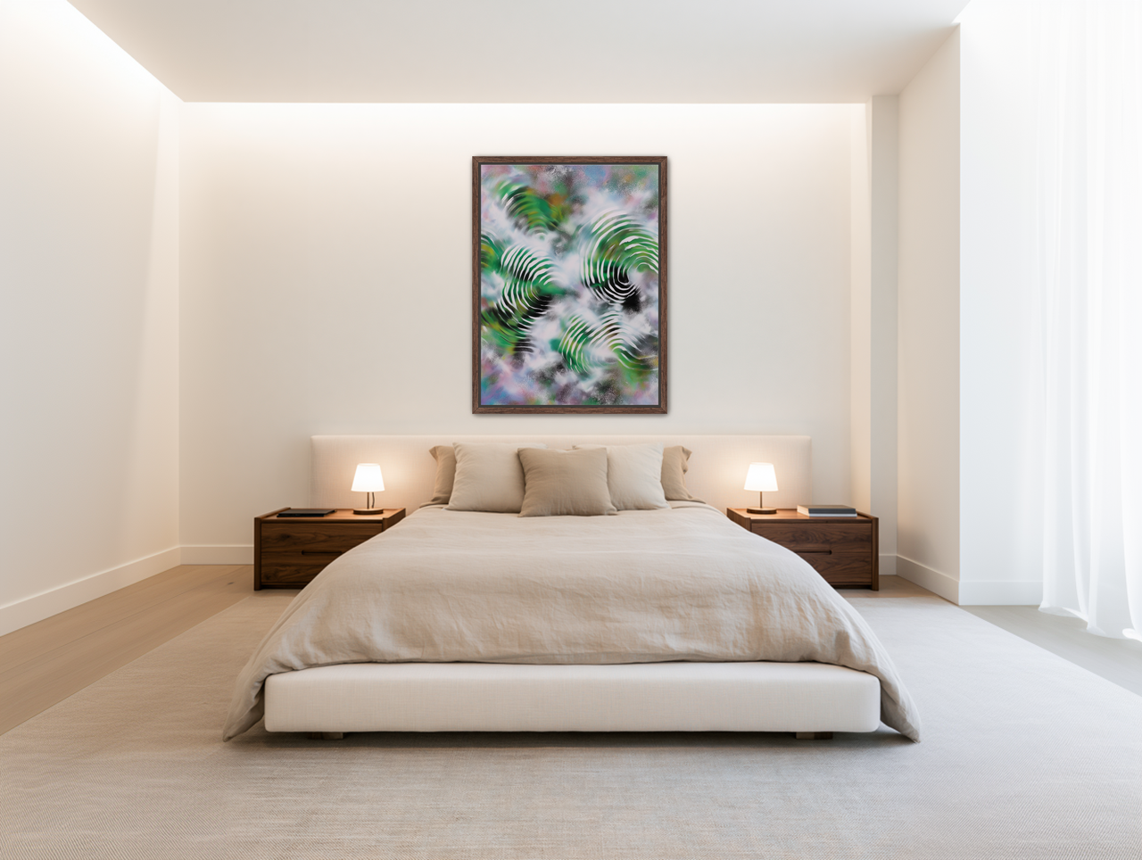 White haze over green spirals room view