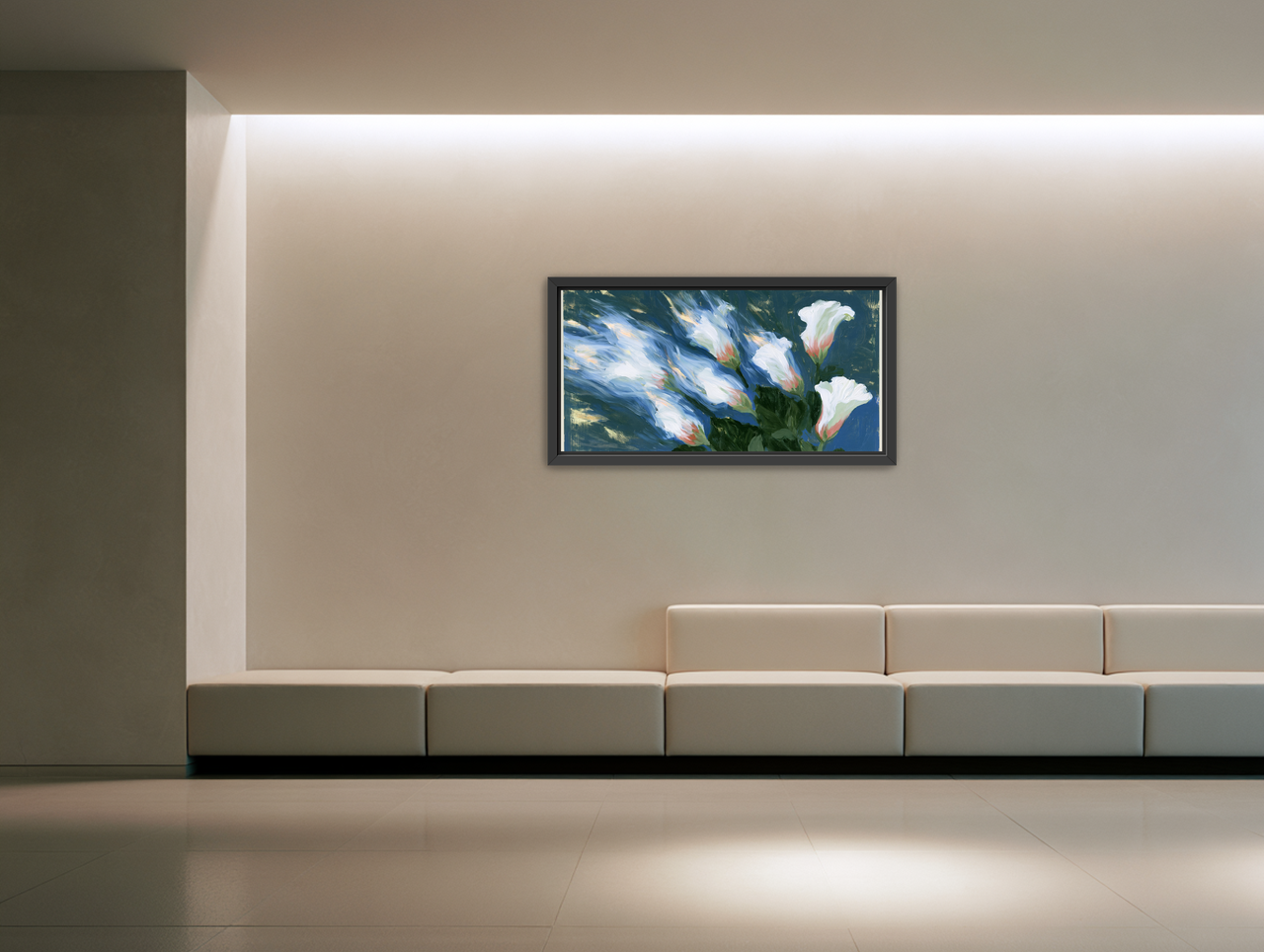 Blue wind through white lilies room view
