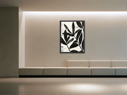 Black leaves on white grain room view
