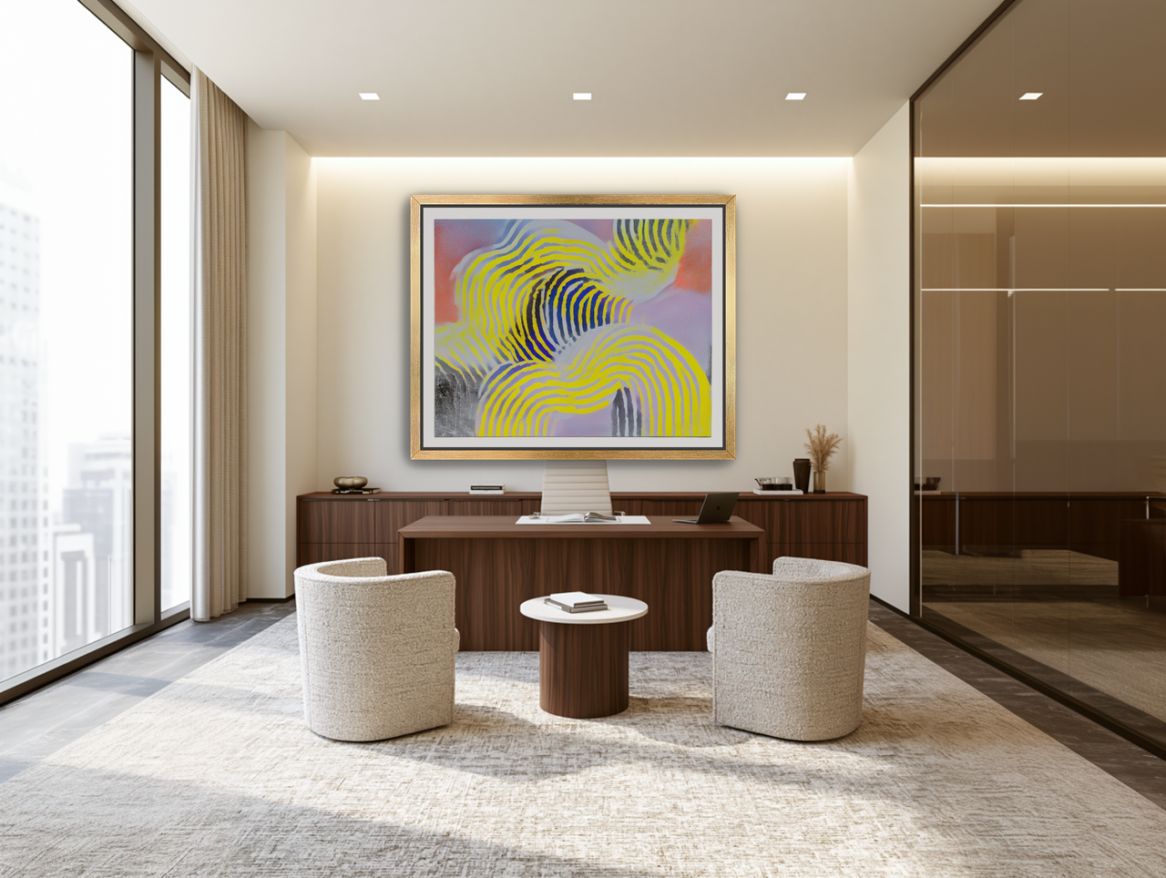 Yellow bends through violet room view