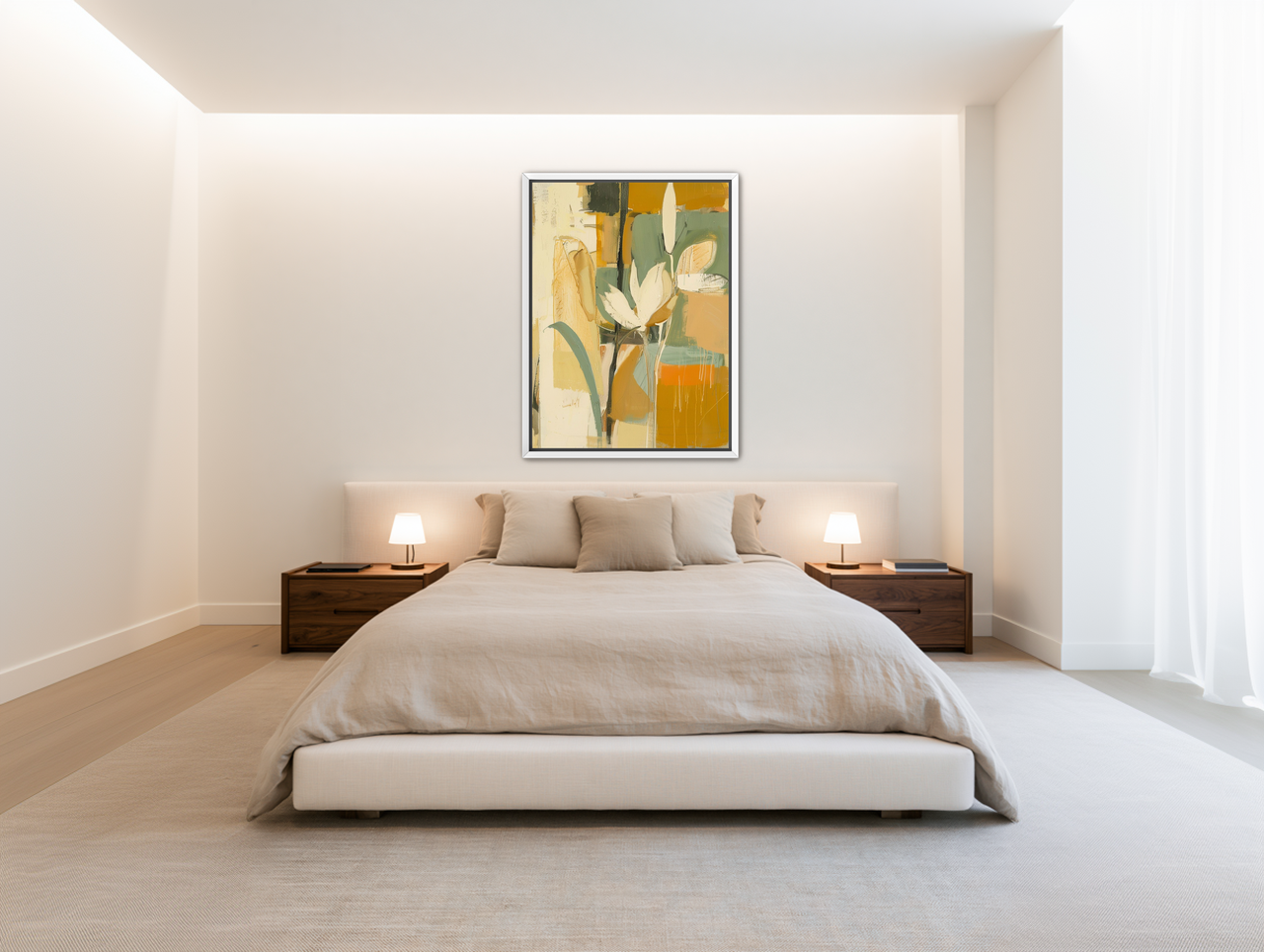 White flower in drifting ochre room view